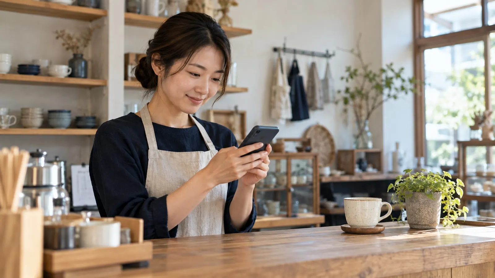 スマートフォンを見て笑顔になるお店の店主