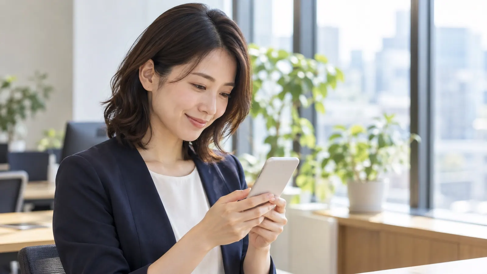スマートフォンを見て笑顔になる女性