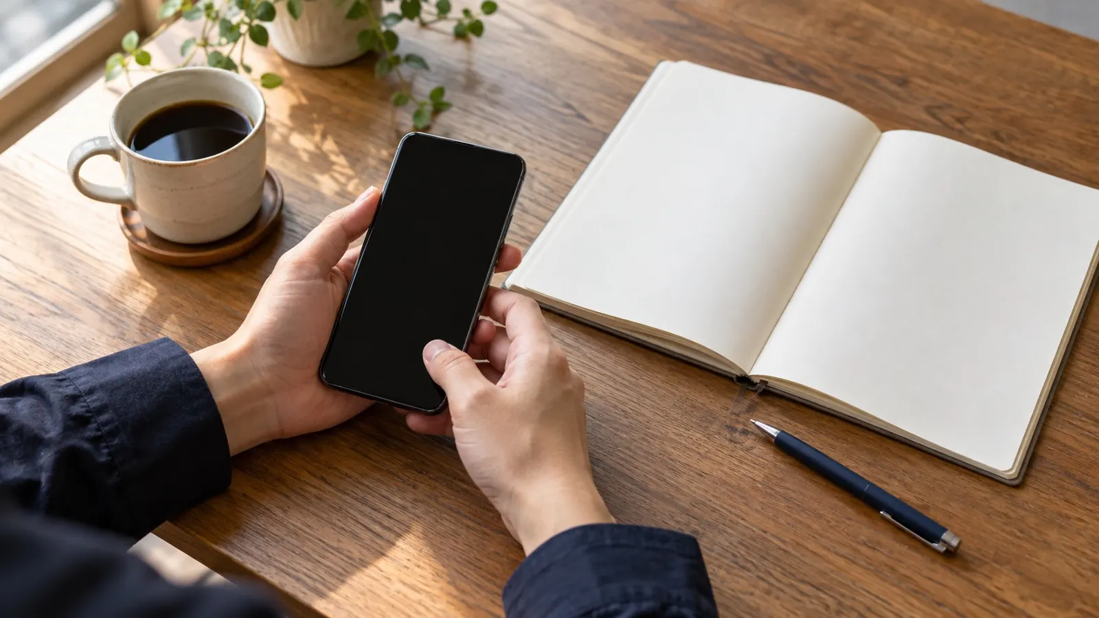 ノートとスマートフォンの手元
